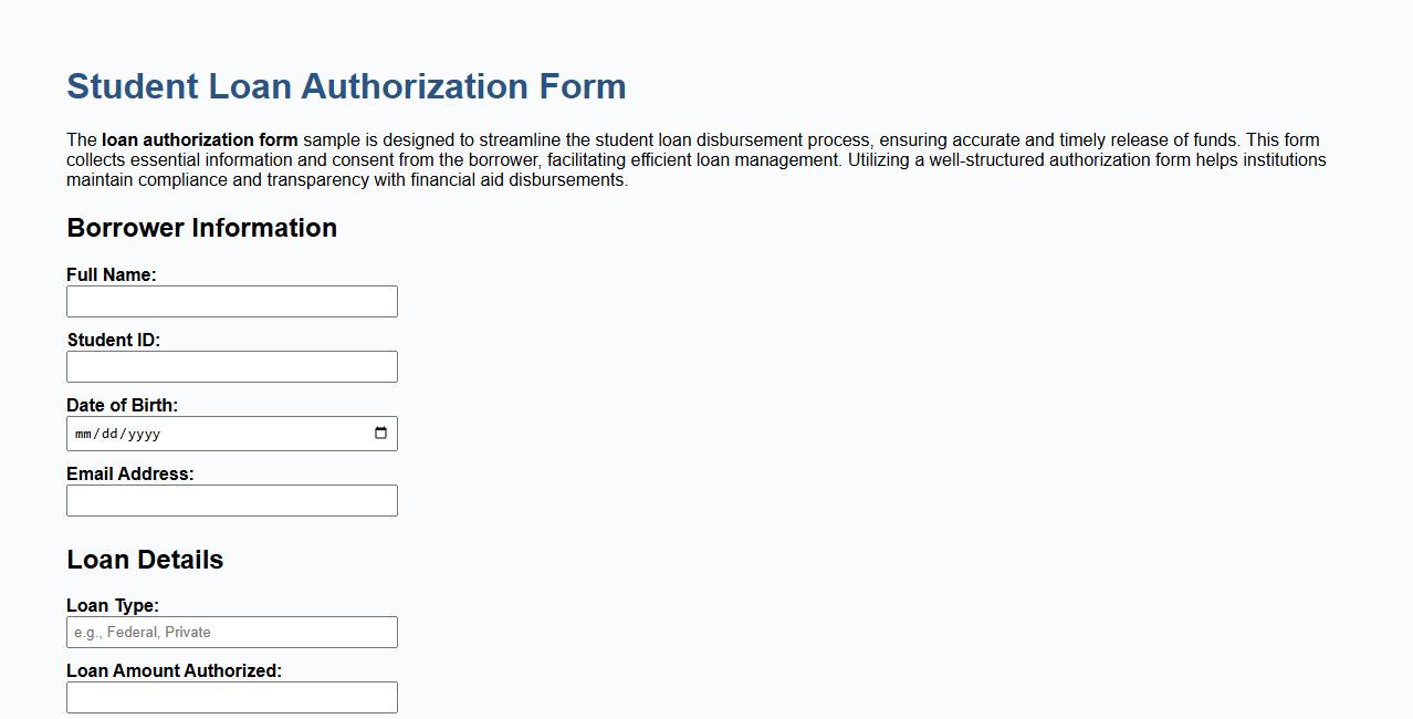 Loan authorization form sample for student loan disbursement image preview