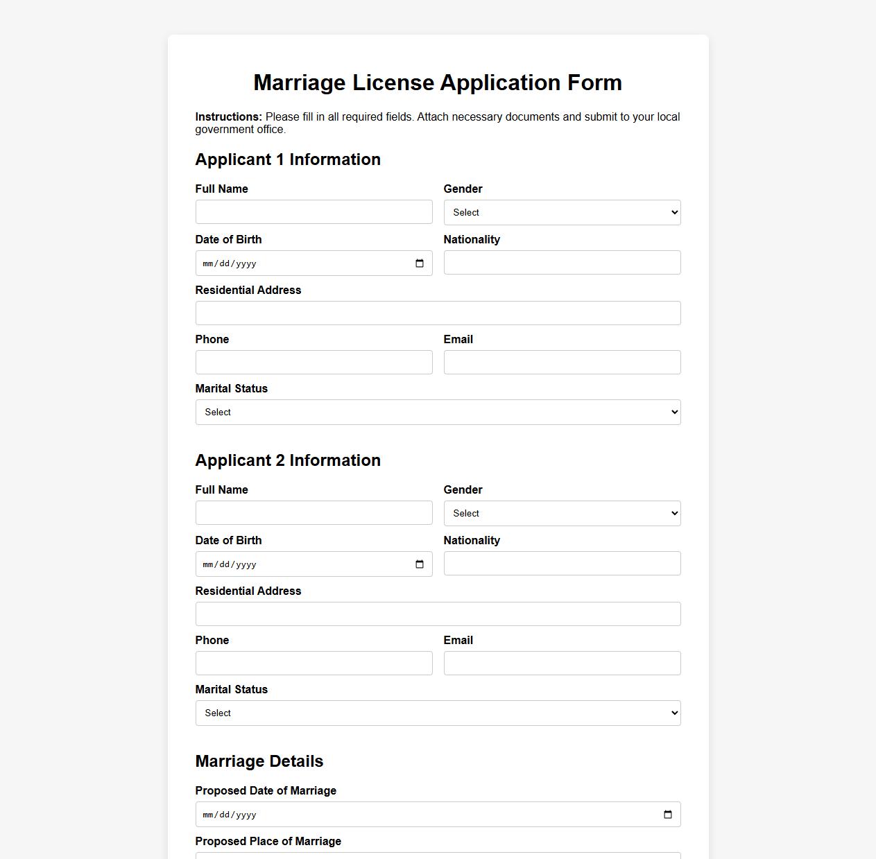 Local government marriage license application form sample image preview