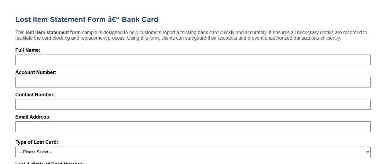 lost item statement form sample for bank card image preview
