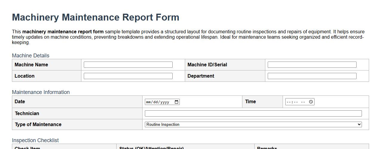 machinery maintenance report form sample template image preview