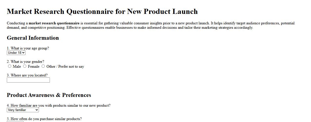 Market research questionnaire for new product launch image preview