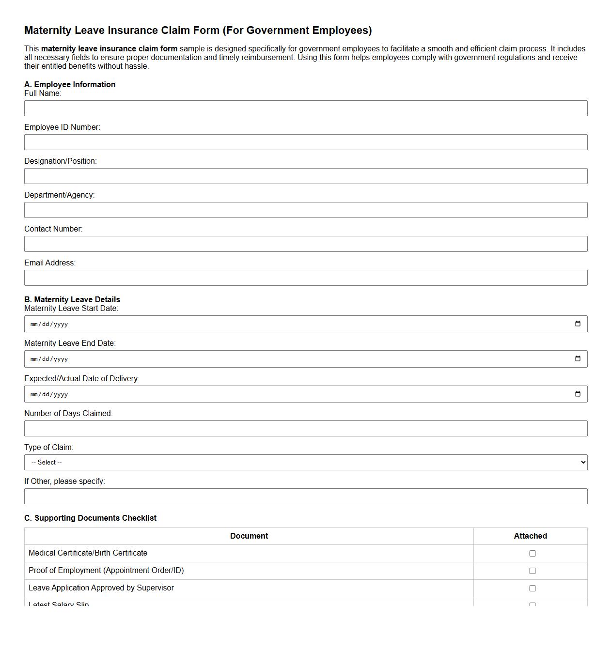 Maternity leave insurance claim form sample for government employees image preview