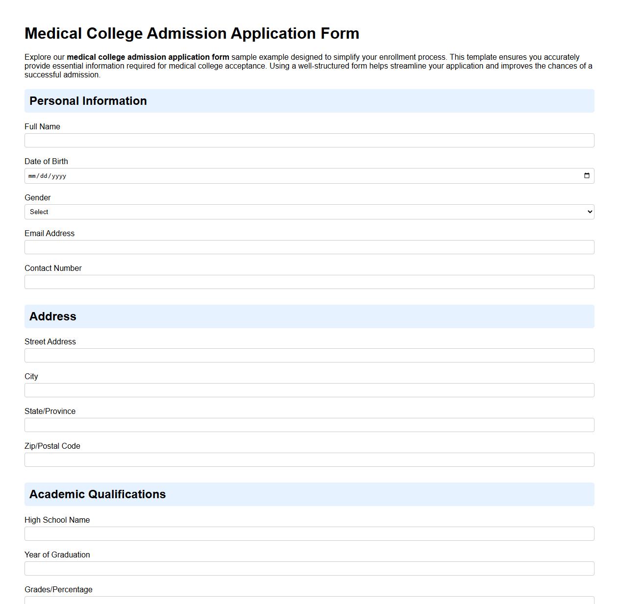 Medical college admission application form sample example image preview