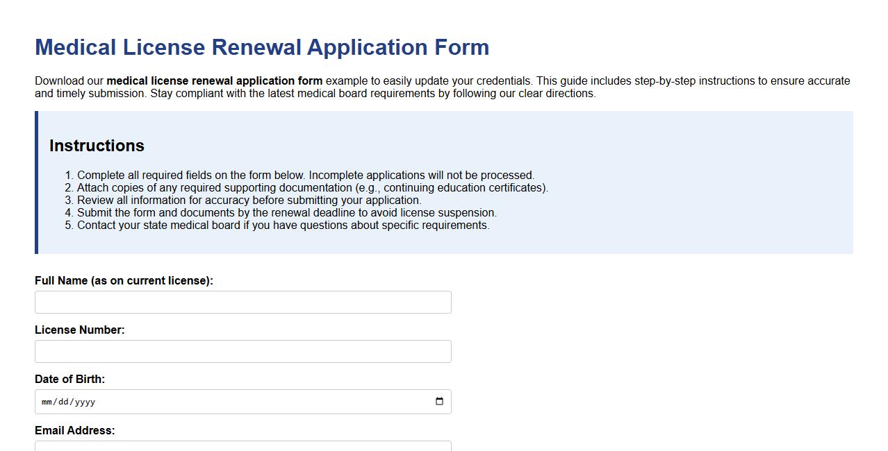 Medical license renewal application form example with instructions image preview