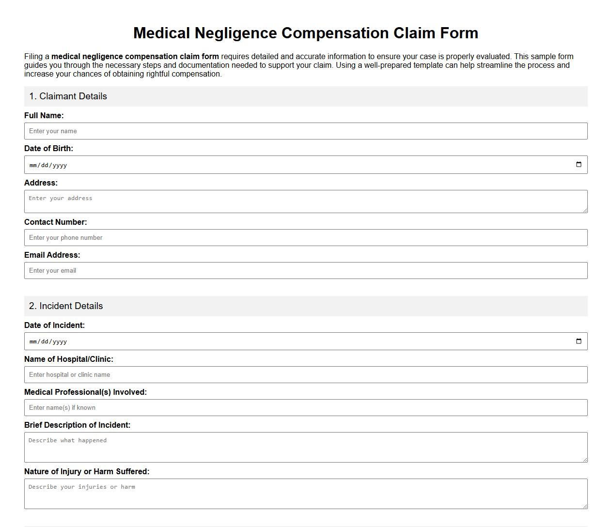 Medical negligence compensation claim form sample image preview
