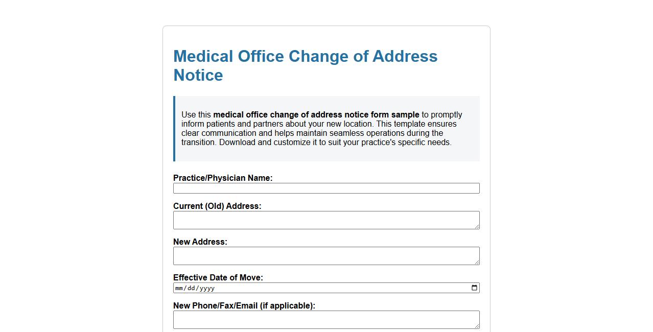 Medical office change of address notice form sample image preview