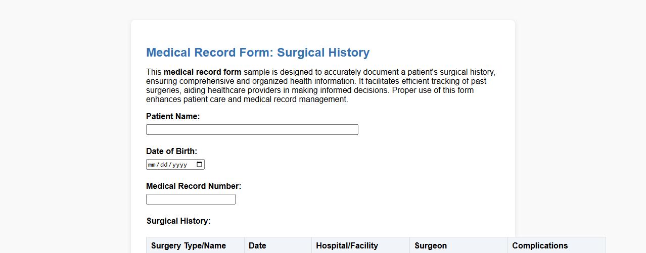 Medical record form sample for surgical history image preview