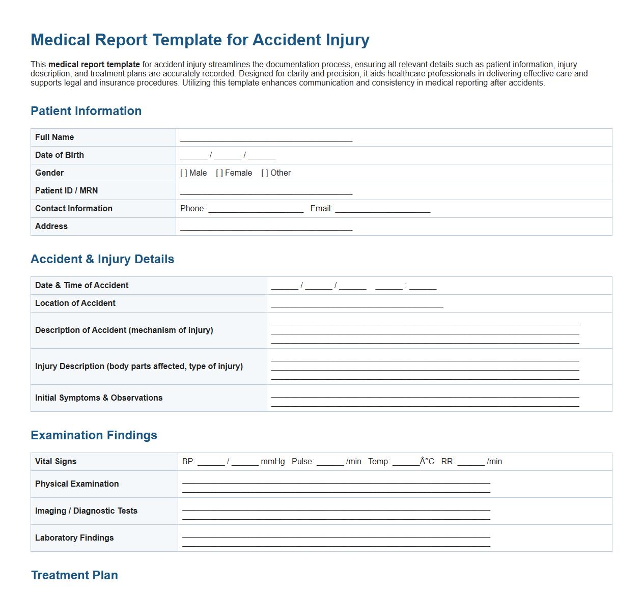 Medical report template for accident injury image preview