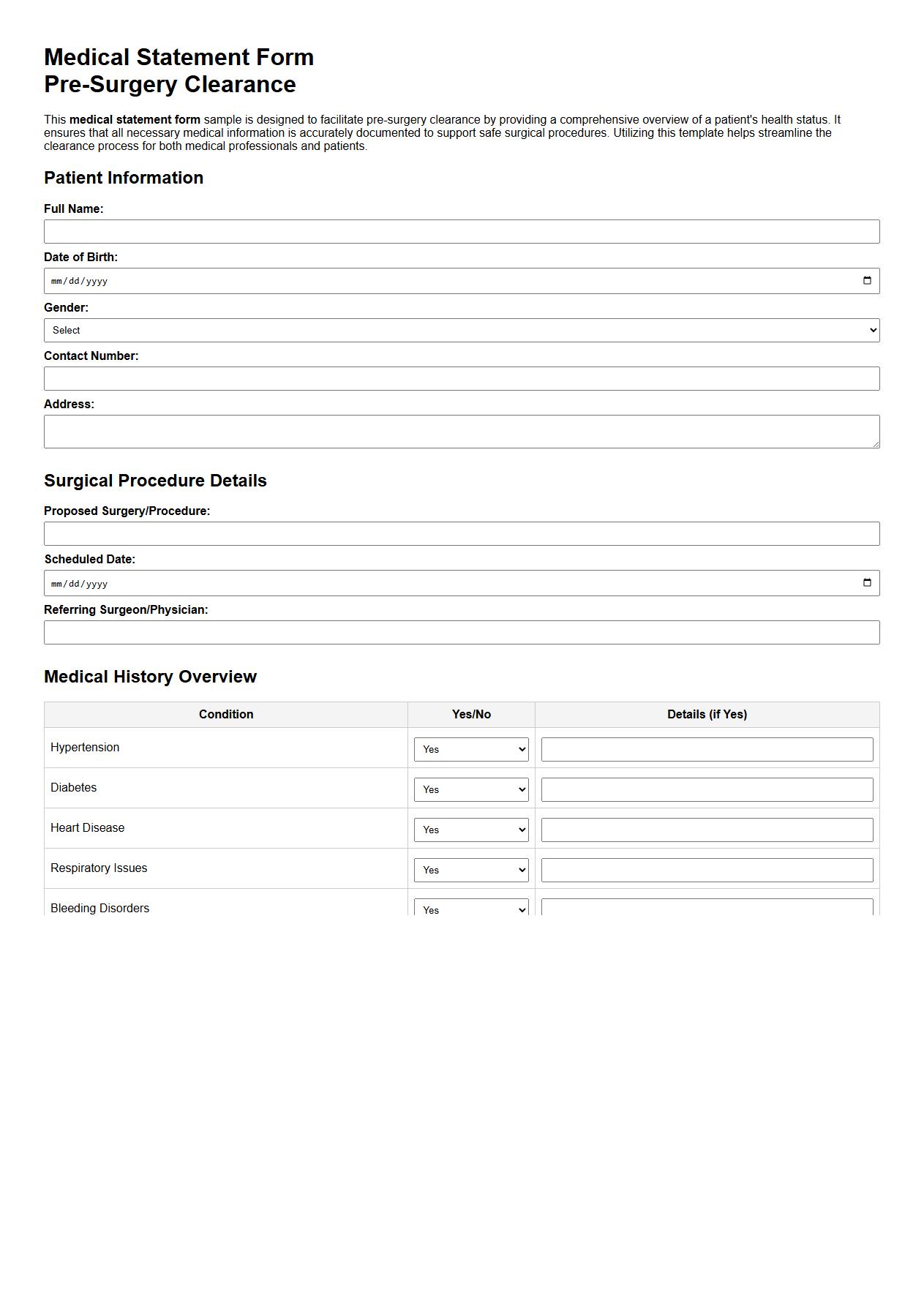 medical statement form sample for pre-surgery clearance image preview