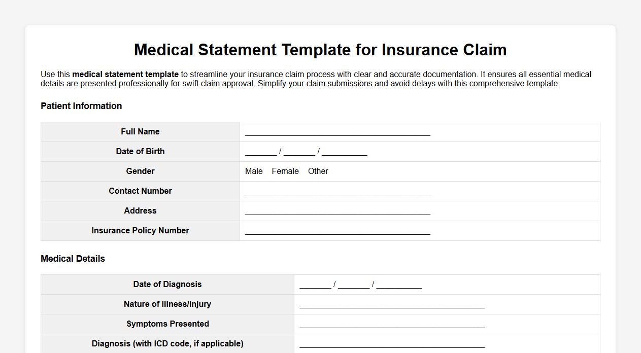 Medical statement template for insurance claim image preview
