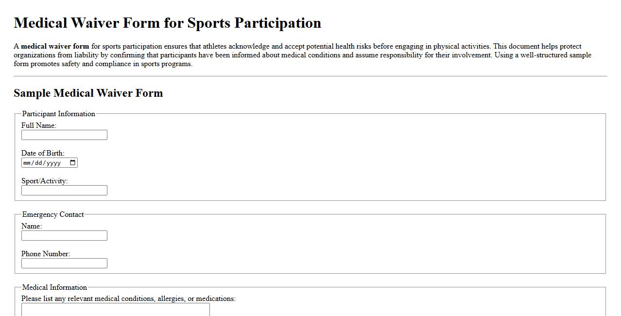 Medical waiver form sample for sports participation image preview