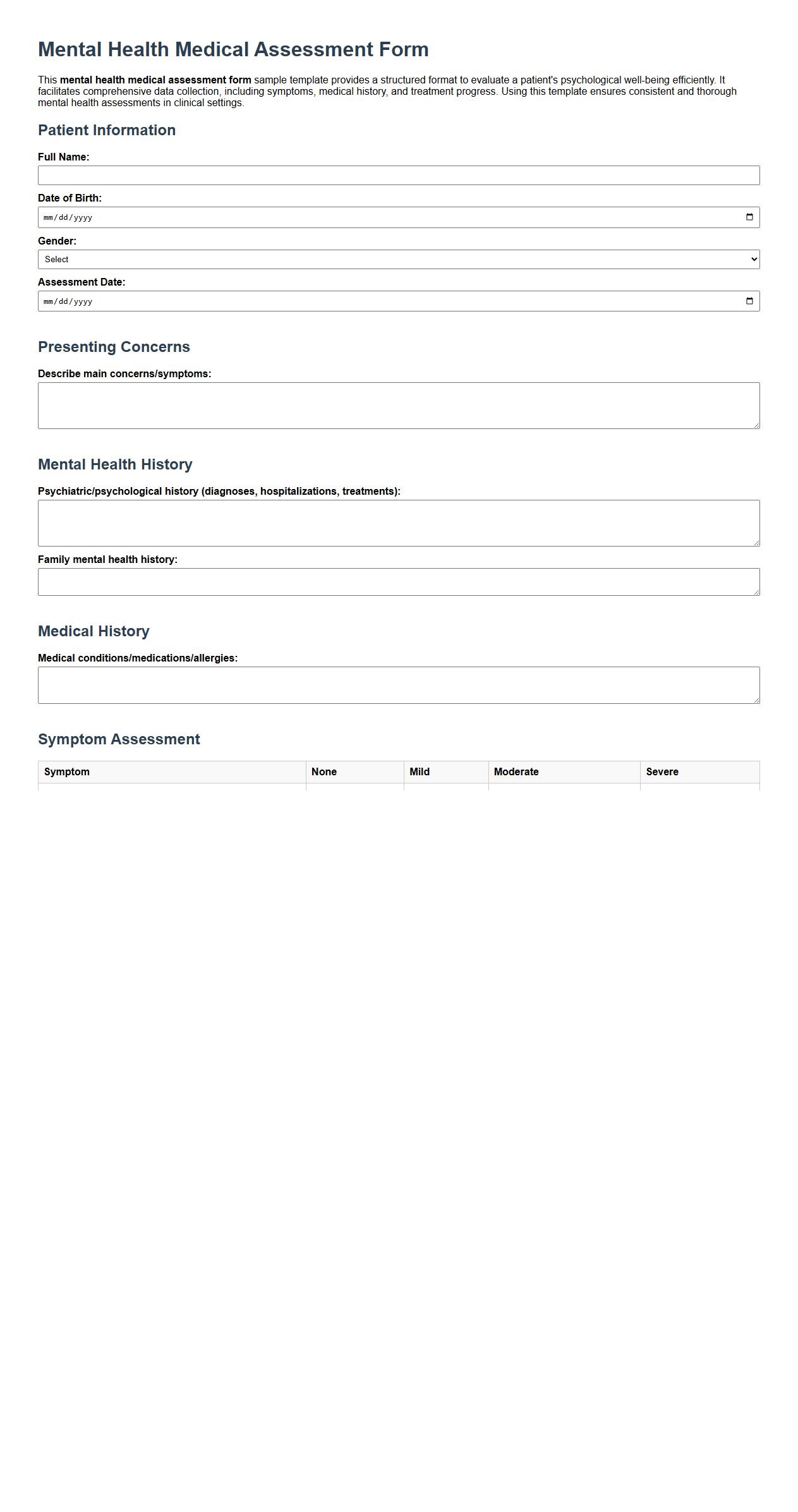 Mental health medical assessment form sample template image preview