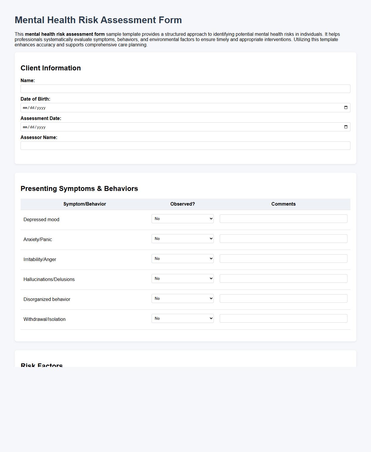 Mental health risk assessment form sample template image preview
