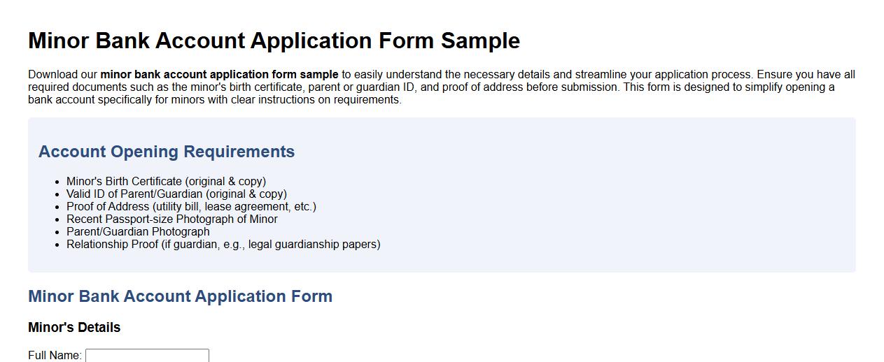 minor bank account application form sample with requirements image preview