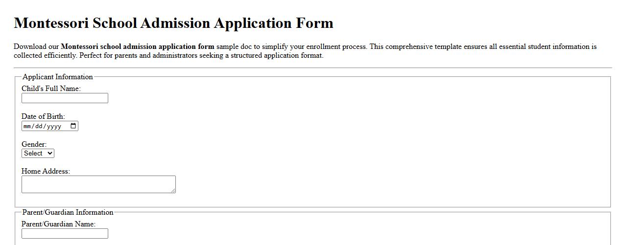 Montessori school admission application form sample doc image preview