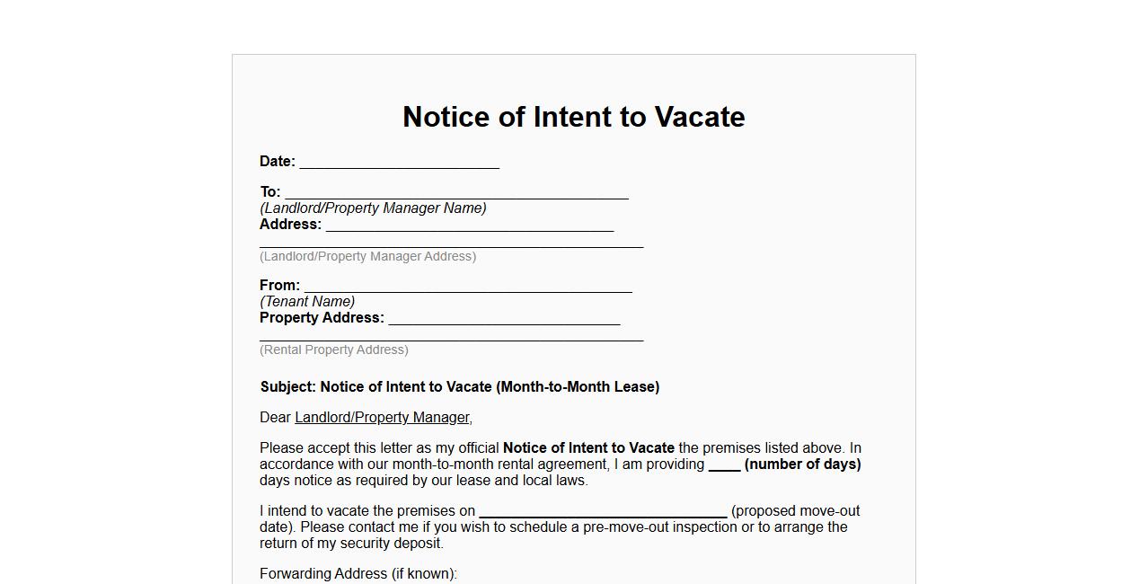 month-to-month lease notice of intent to vacate form sample image preview