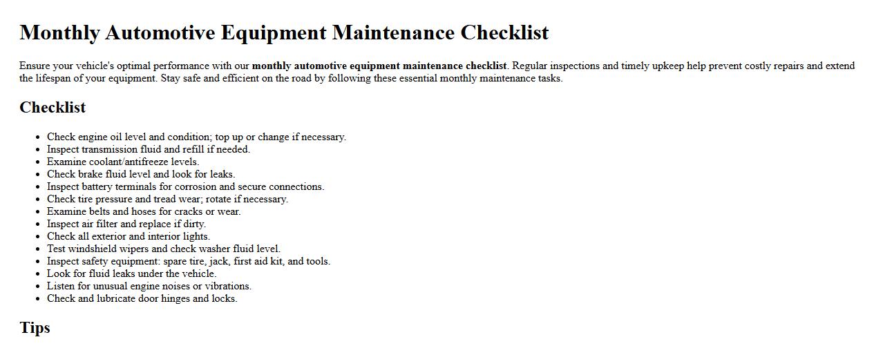 Monthly automotive equipment maintenance checklist image preview