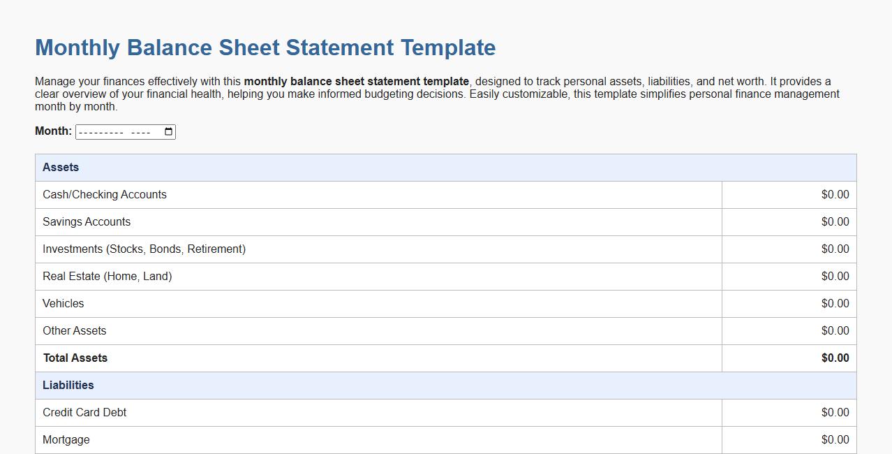 Monthly balance sheet statement template for personal finance image preview