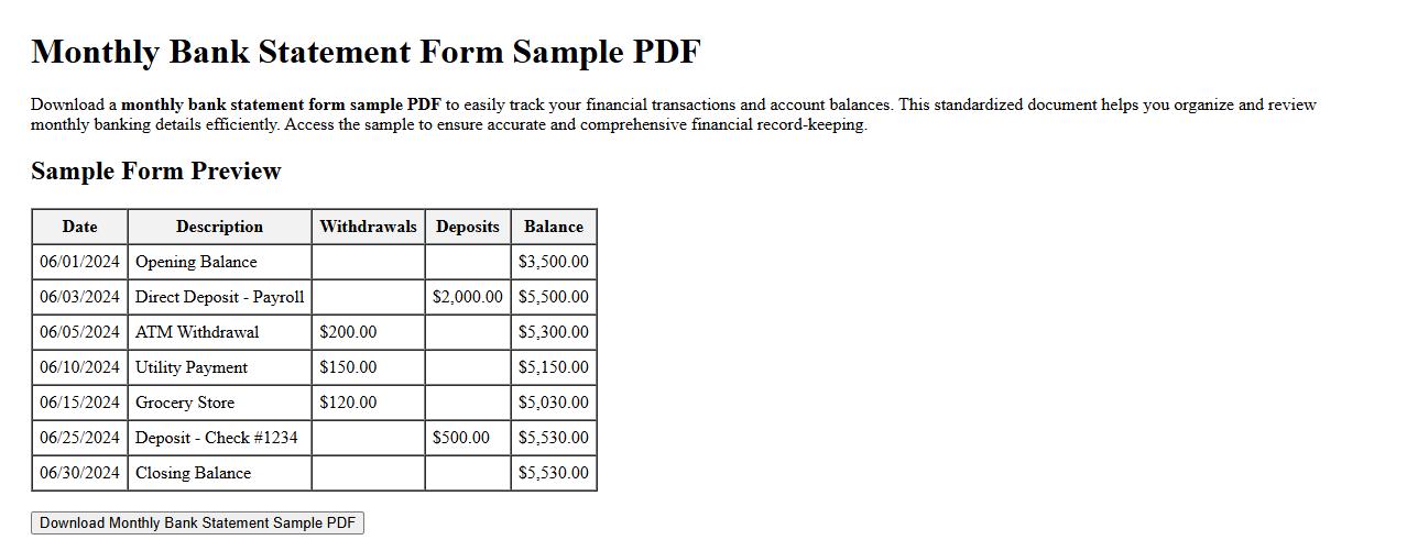 Monthly bank statement form sample PDF image preview