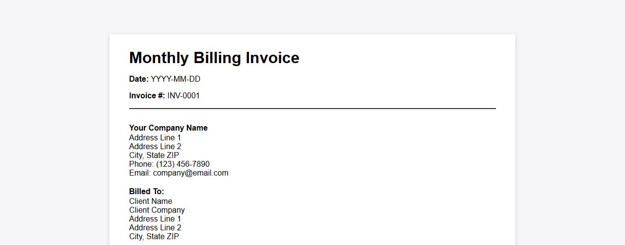 Monthly billing invoice template with tax fields image preview