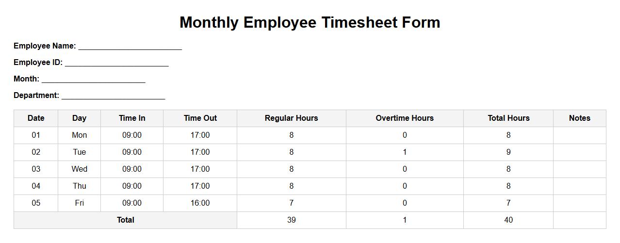 Monthly employee timesheet form sample for small business image preview