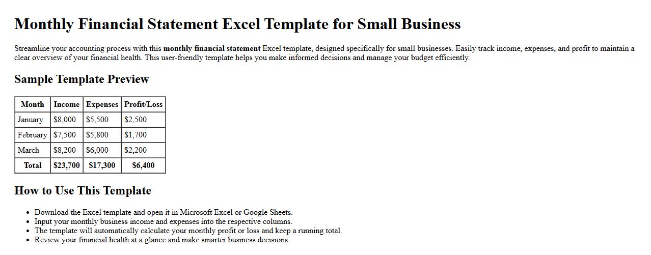 Monthly financial statement excel template for small business image preview