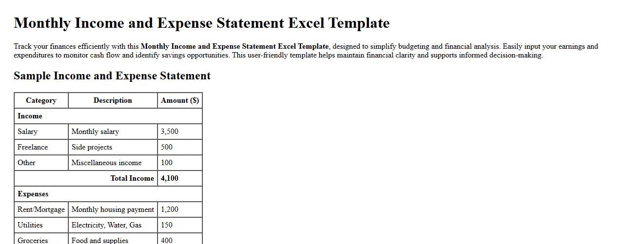 Monthly income and expense statement excel template image preview