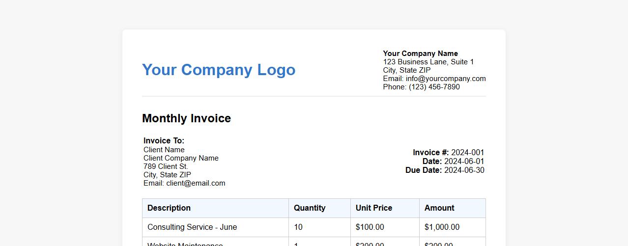 Monthly invoice template for small businesses image preview