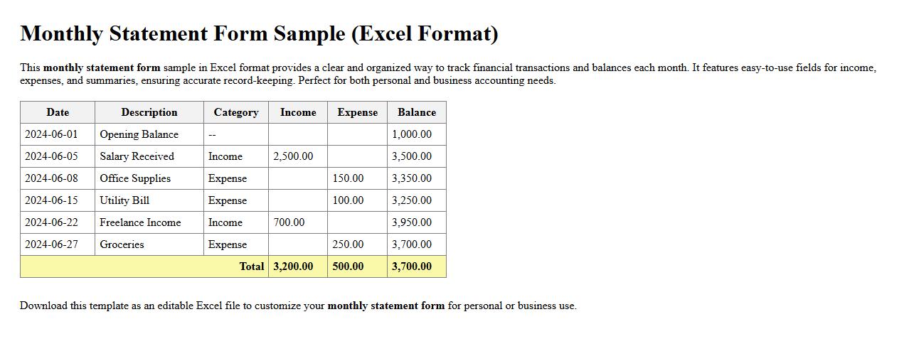 monthly statement form sample excel format image preview