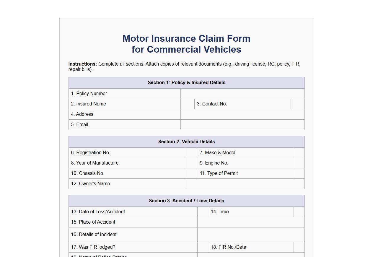 Motor insurance claim form sample for commercial vehicles image preview