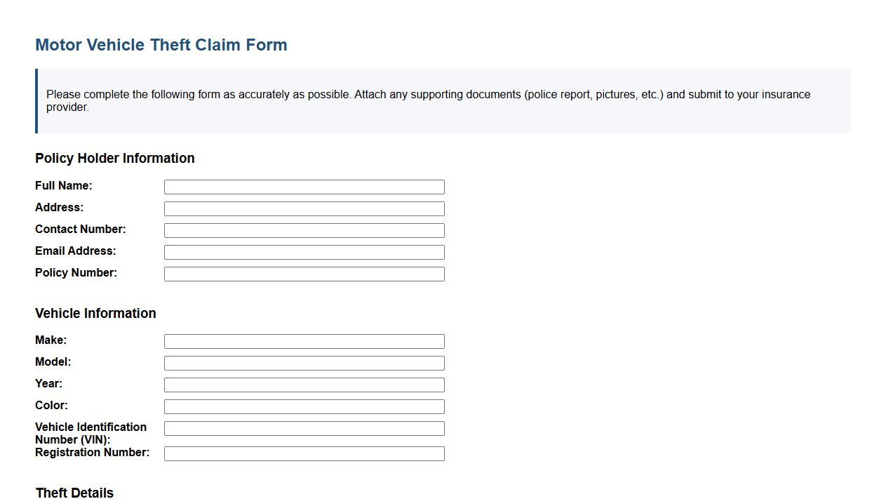 motor vehicle theft claim form sample image preview