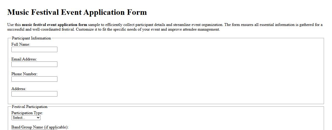 Music festival event application form sample image preview
