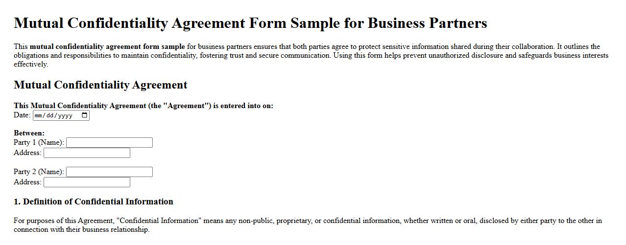 mutual confidentiality agreement form sample for business partners image preview