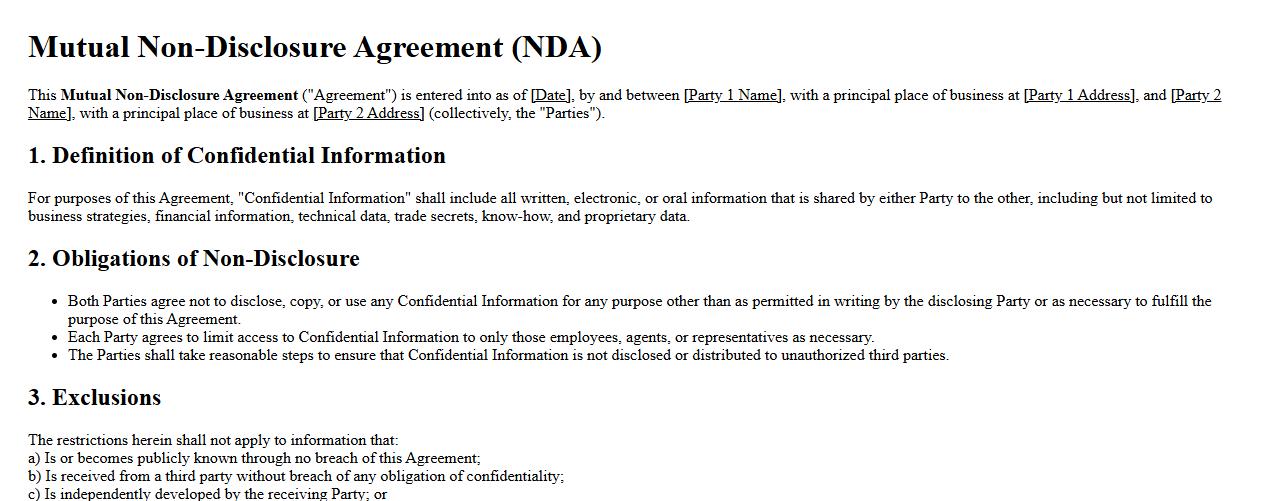 mutual non-disclosure agreement contract form sample image preview
