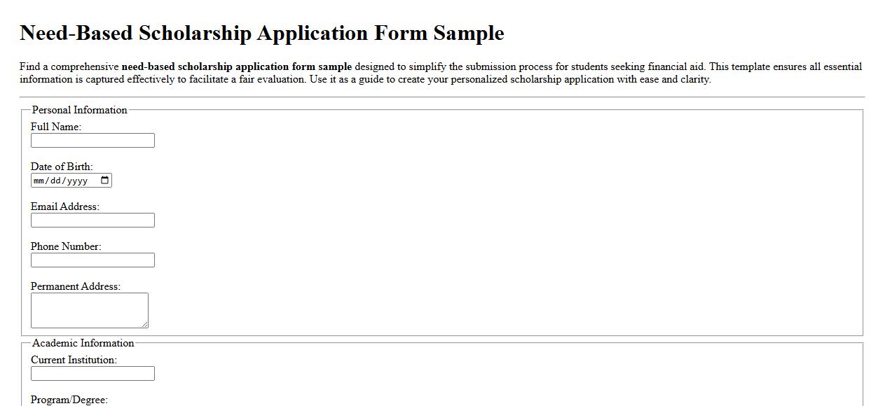 Need-based scholarship application form sample image preview