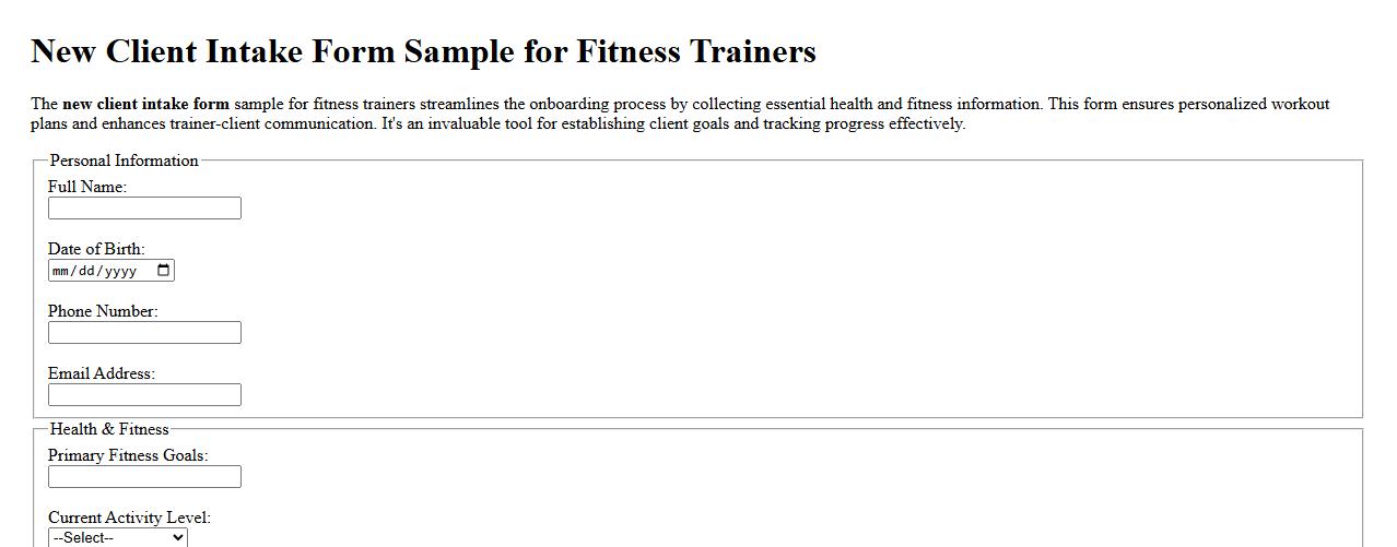 New client intake form sample for fitness trainers image preview