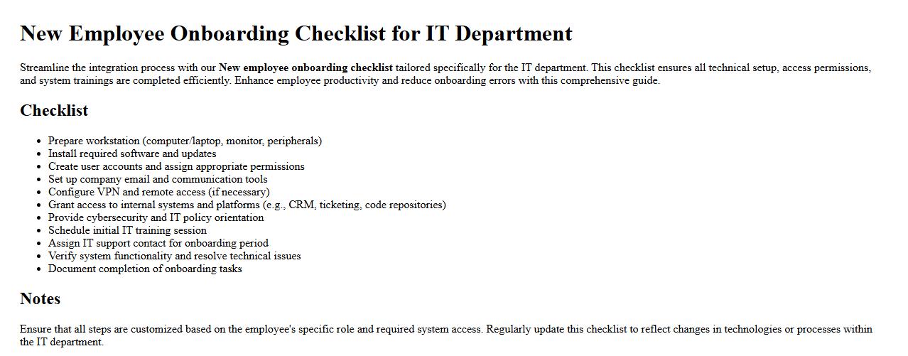 New employee onboarding checklist for IT department image preview