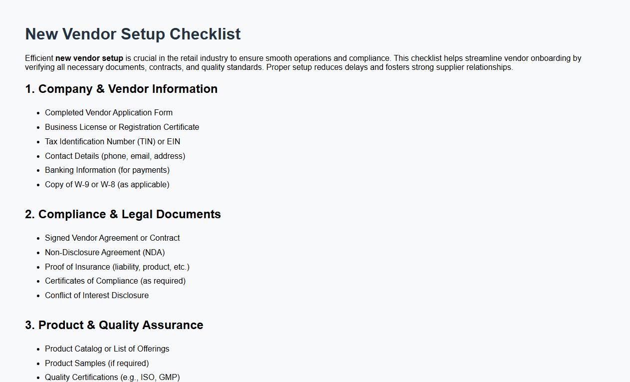 new vendor setup checklist for retail industry image preview