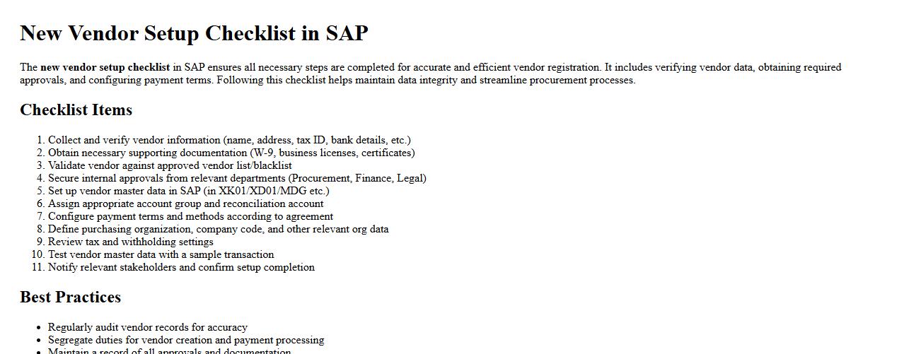 new vendor setup checklist in sap image preview
