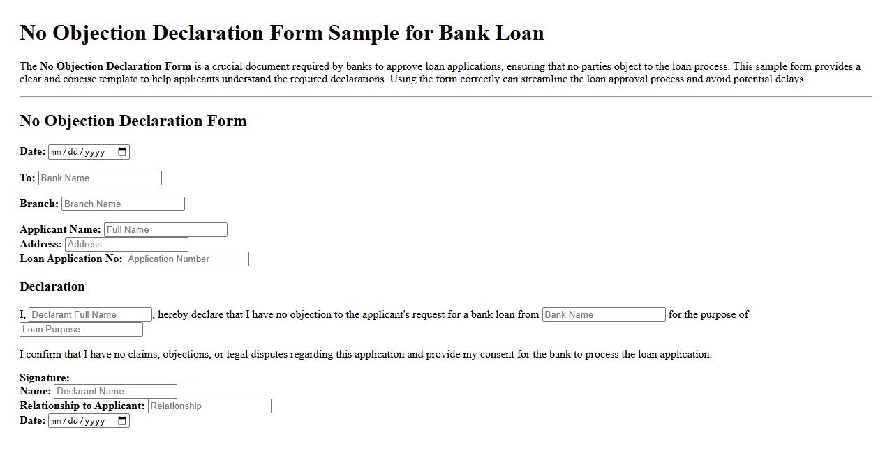 No Objection Declaration Form Sample for Bank Loan image preview