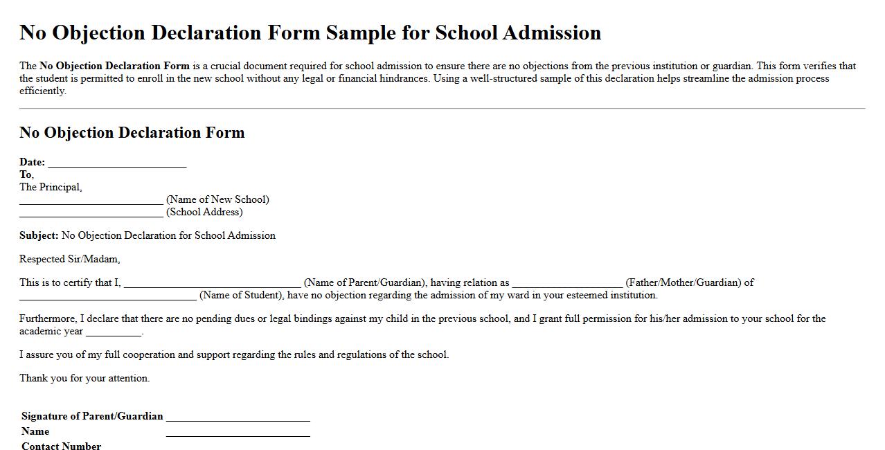 No Objection Declaration Form Sample for School Admission image preview