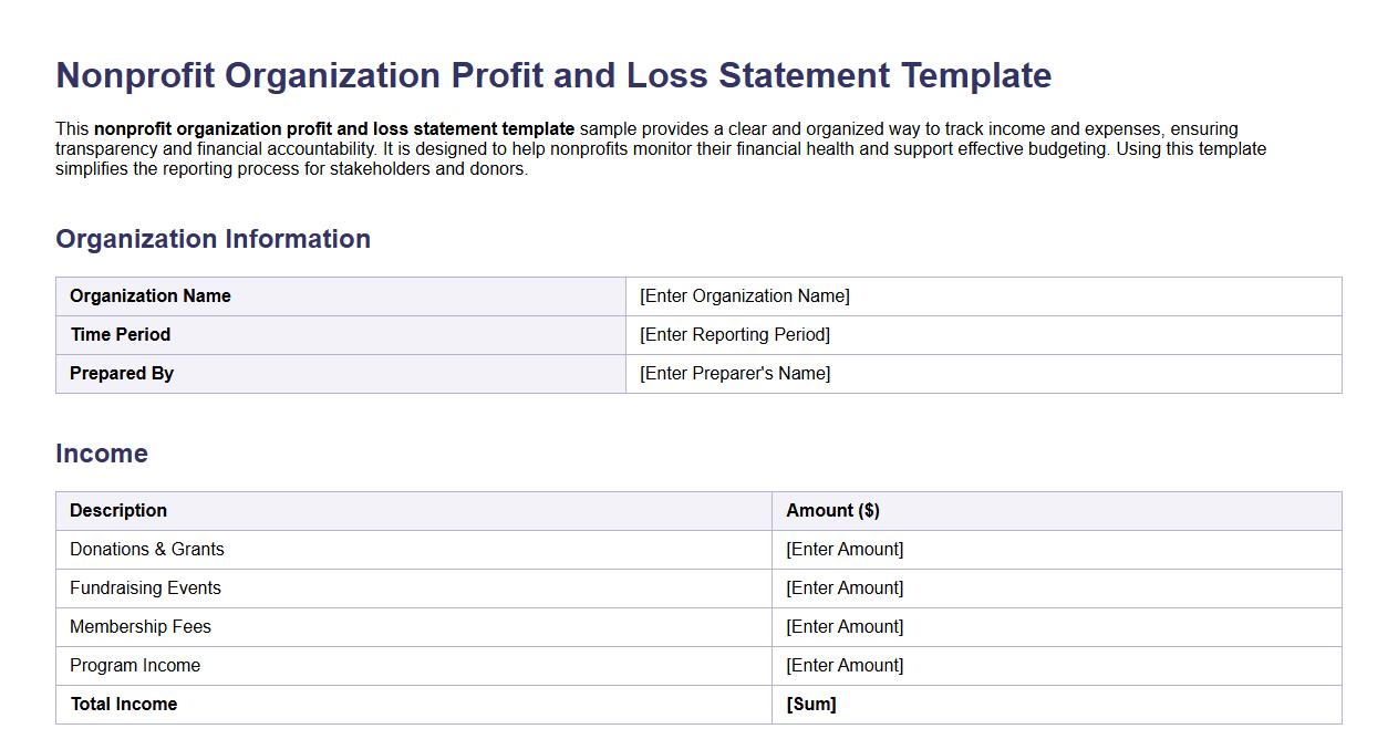 Nonprofit organization profit and loss statement template sample image preview