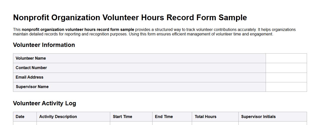 nonprofit organization volunteer hours record form sample image preview