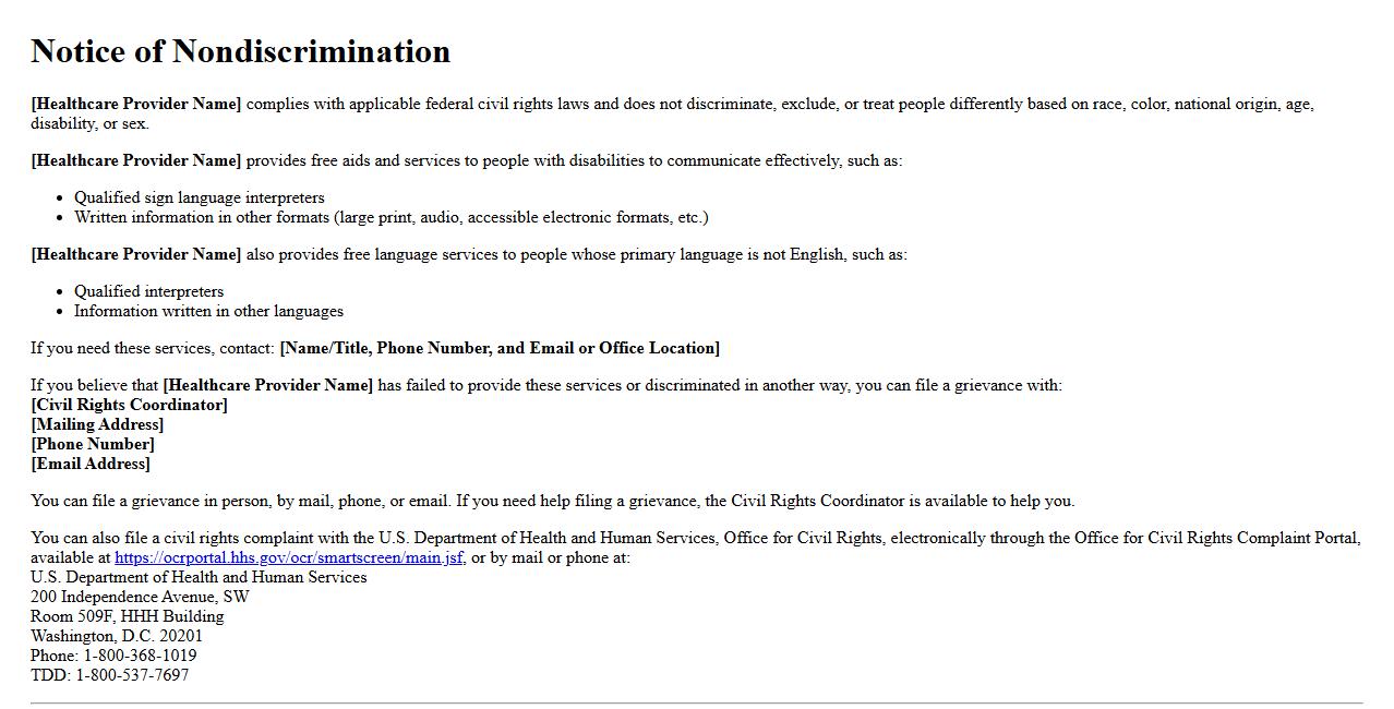 Notice of nondiscrimination form sample for healthcare providers image preview