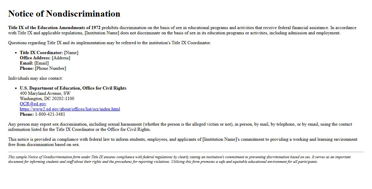 Notice of nondiscrimination form sample under Title IX image preview