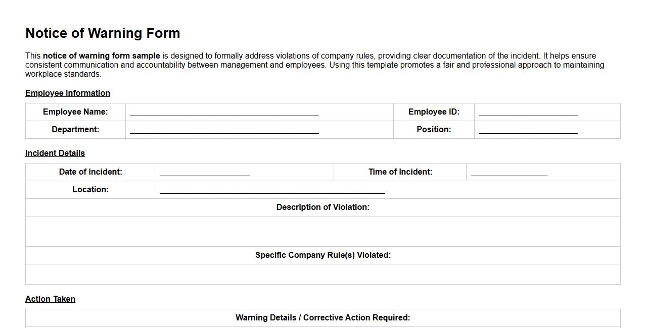notice of warning form sample for violating company rules image preview