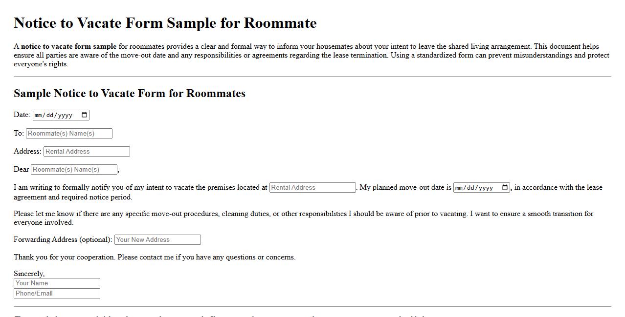 Notice to vacate form sample for roommate image preview