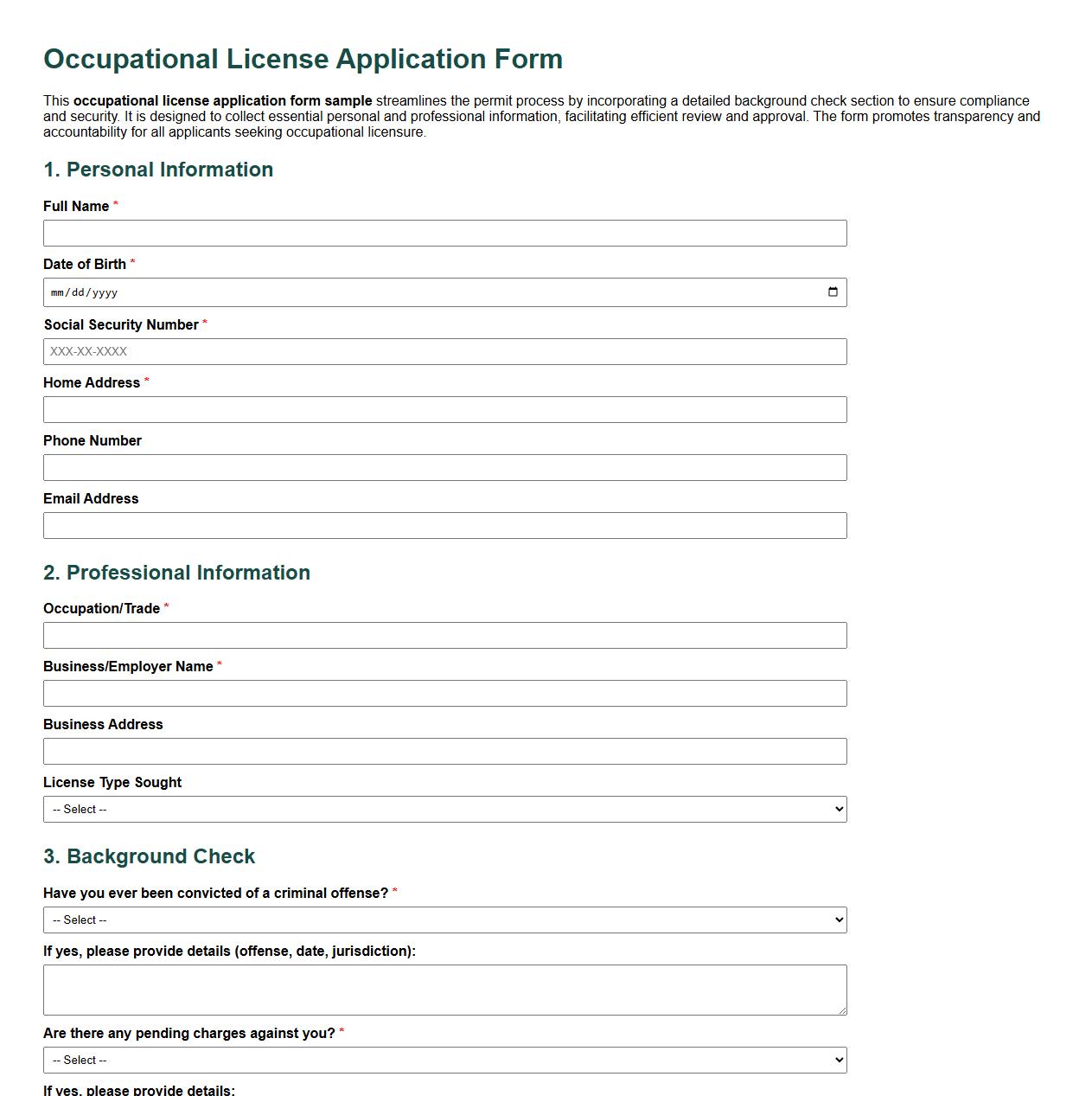 occupational license application form sample including background check section image preview