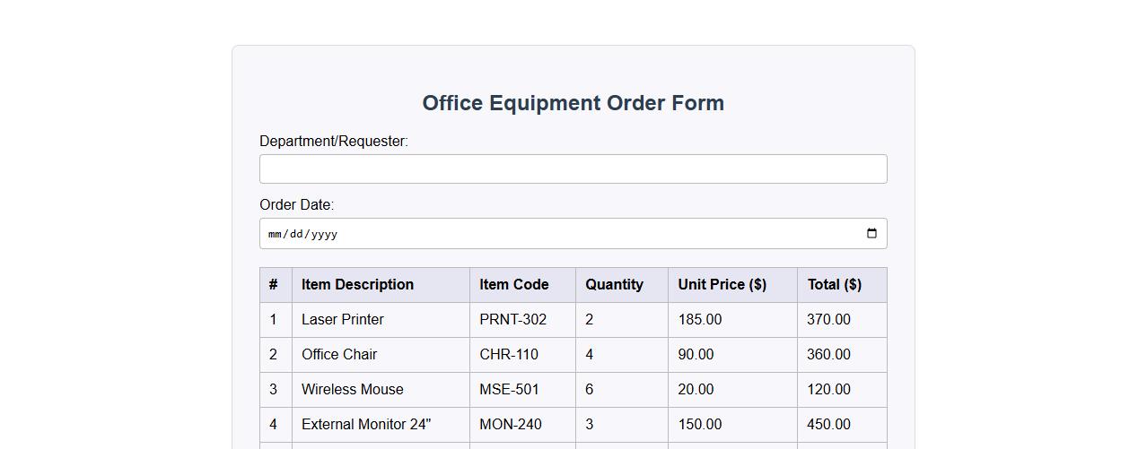 office equipment order form sample with itemized list image preview