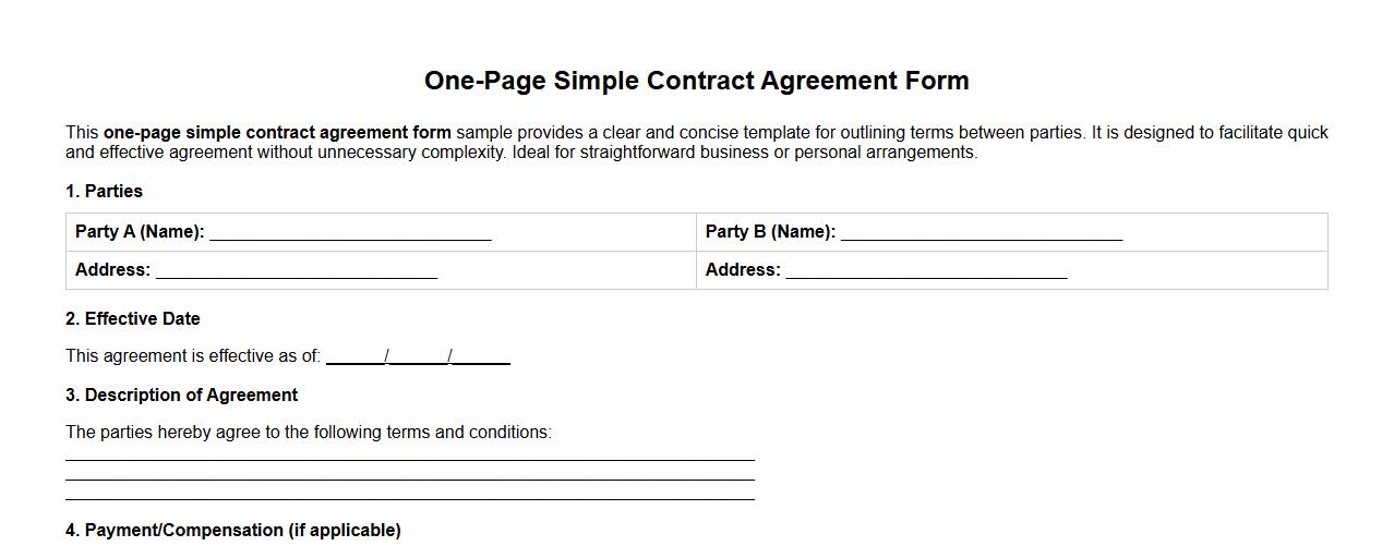 One-page simple contract agreement form sample image preview